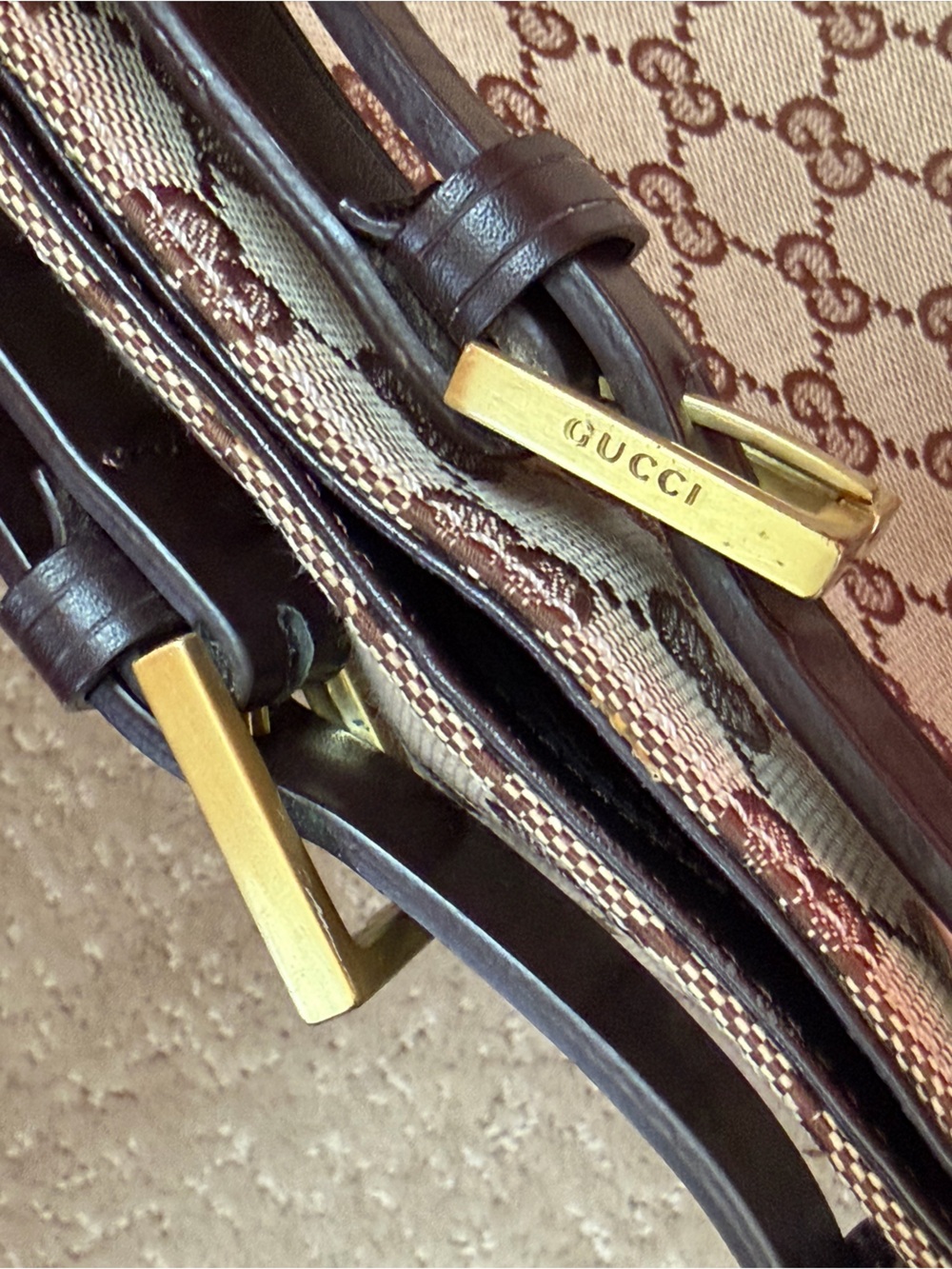 Gucci GG Canvas Leather Buckle Tote Bag Brown Monogram Large Shoulder Purse IT - Picture 12 of 16